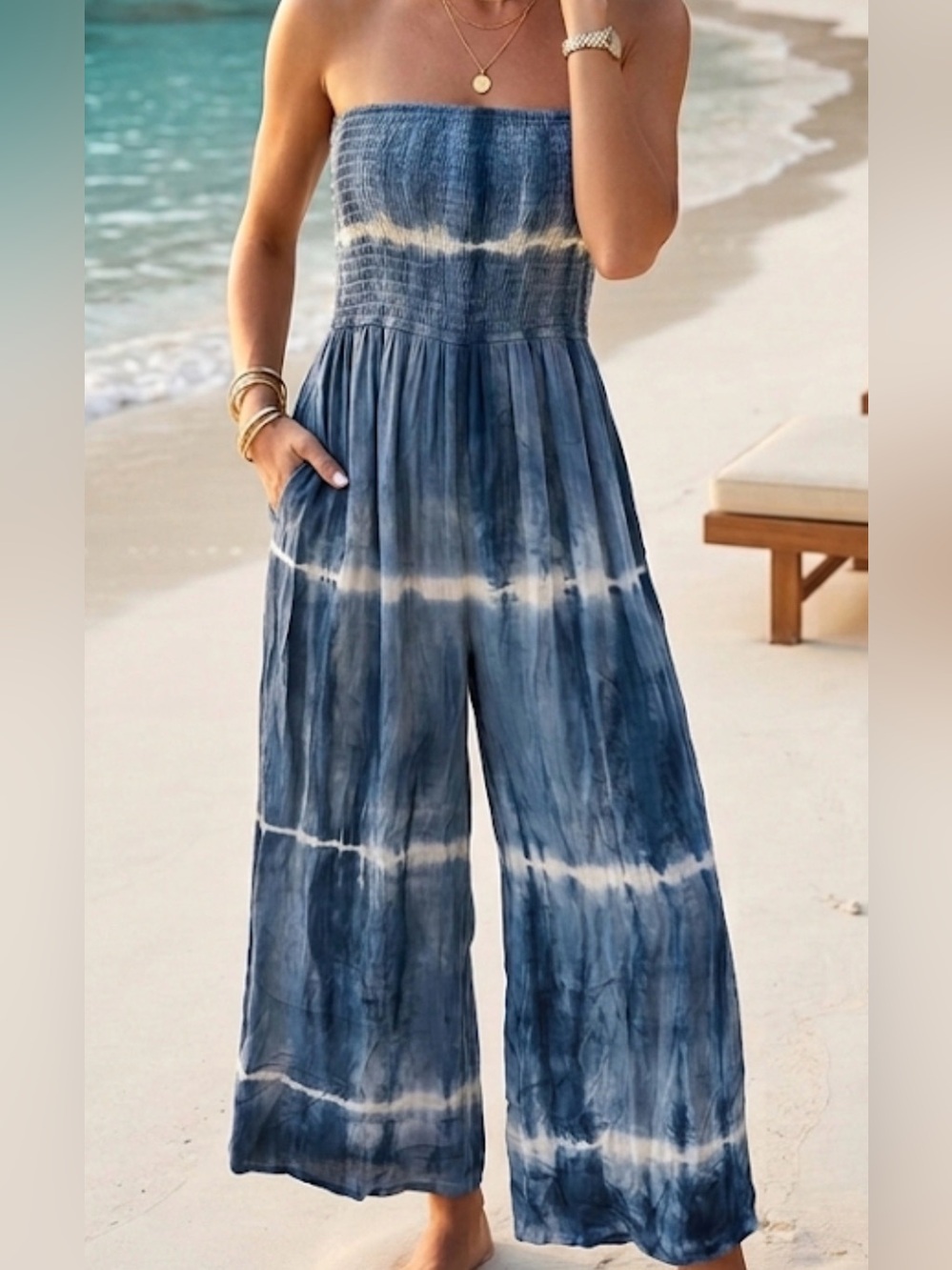 Swimsuits For All Blue Tie Dye Smocked Waist Wide Leg Palazzo Pants 10/12
